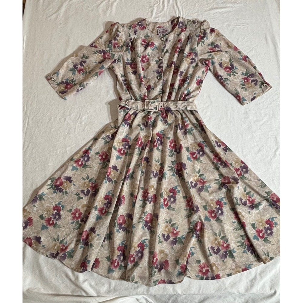 California Looks Vintage Floral Midi Dress Tan Pink Purple Belted Size 16 3842